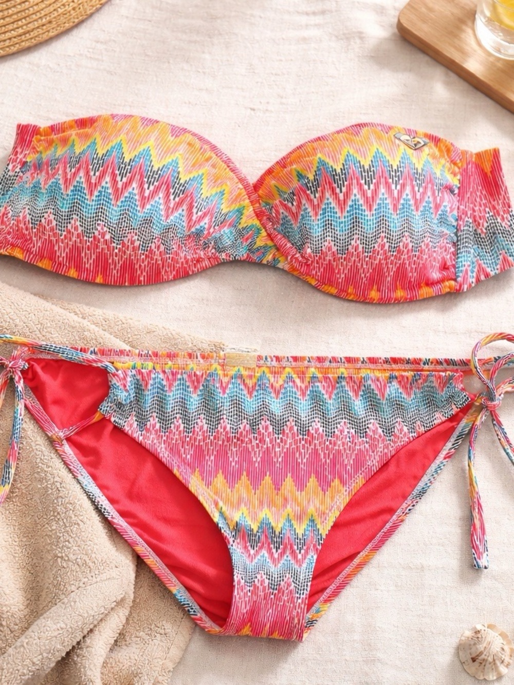 Roxy Pink Multi Zigzag Bandeau Bikini Set